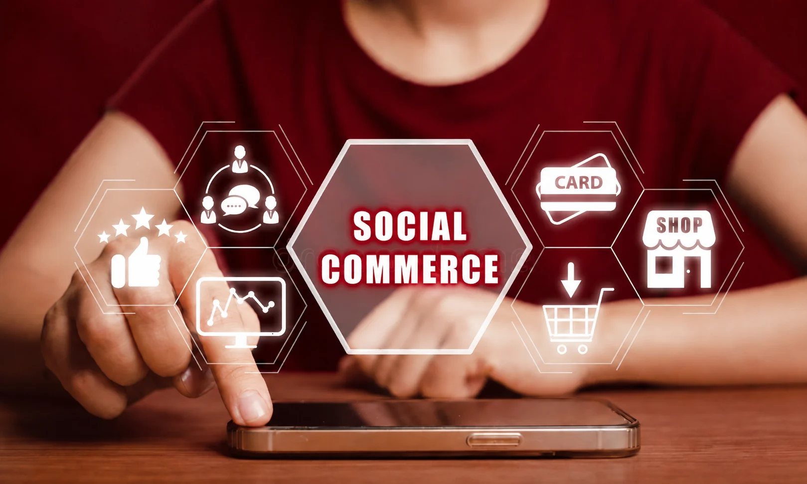 Social commerce trends and engagement displayed against a dark red background