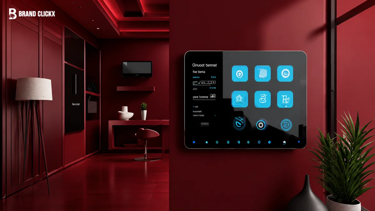 Smart home hub interface displayed on red wall