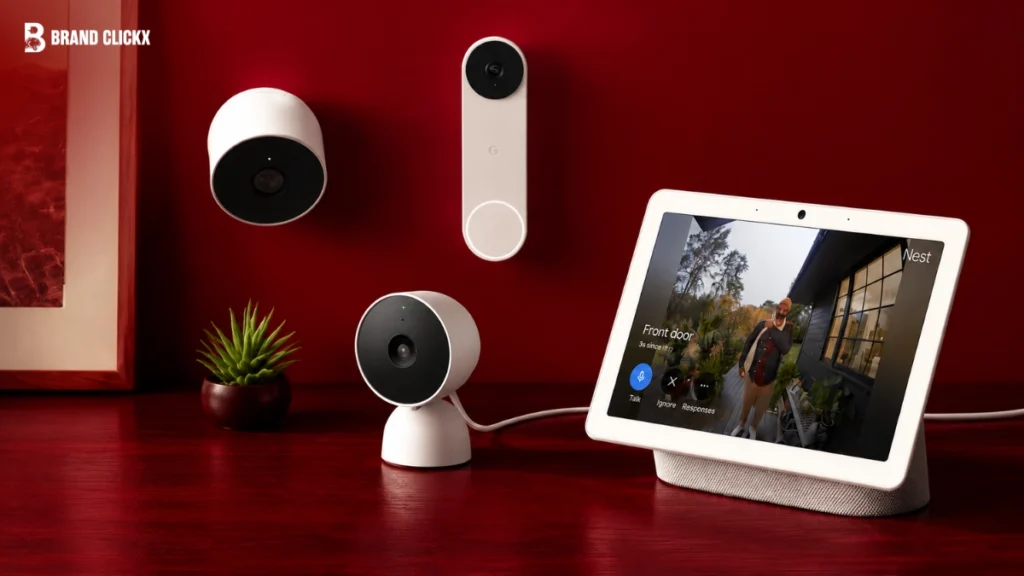 A collection of various security cameras and smart home security devices displayed on a red surface.