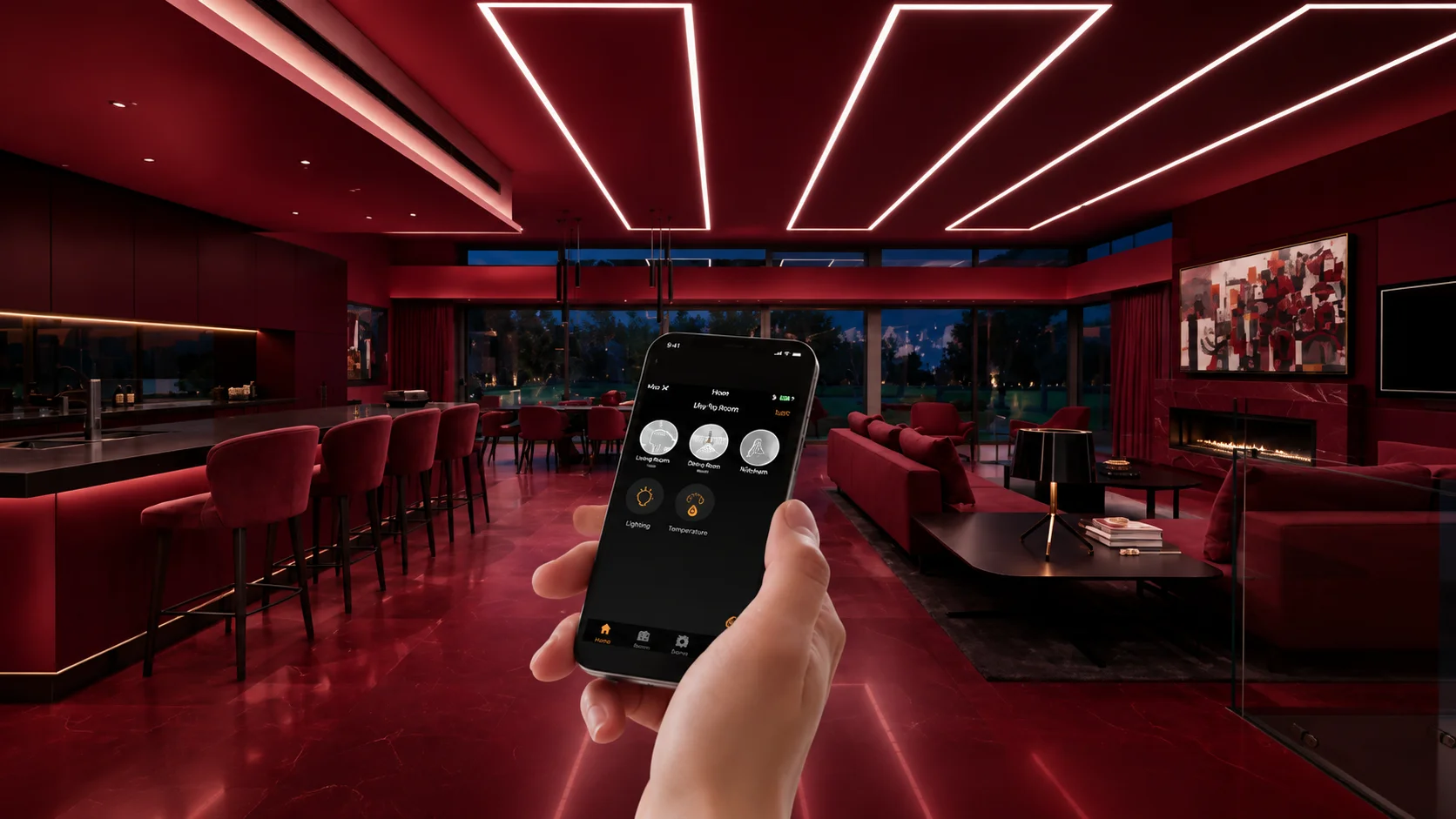 Modern smart lighting control system in red room