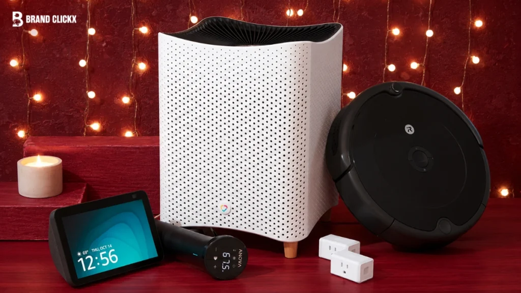 A collection of various smart home devices displayed on a red surface.