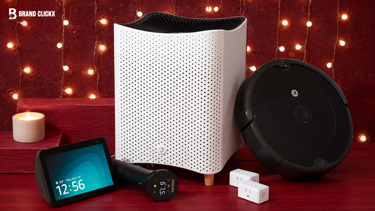 A collection of various smart home devices displayed on a red surface.