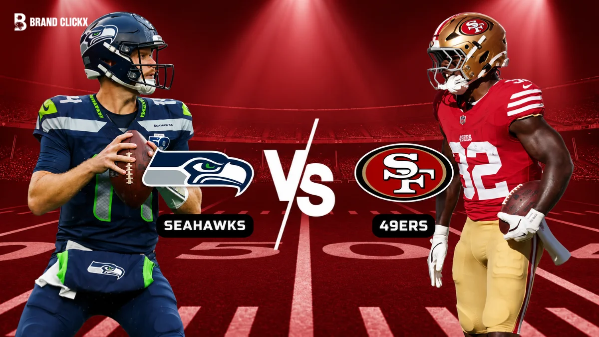 A graphic featuring a "Seahawks vs 49ers" American football matchup on a red-themed stadium background with the Brand Clickx logo.