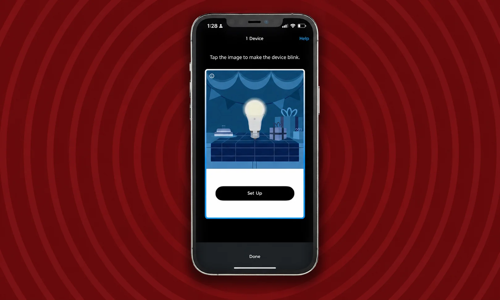 GE Cync smart lighting mobile app interface on red background