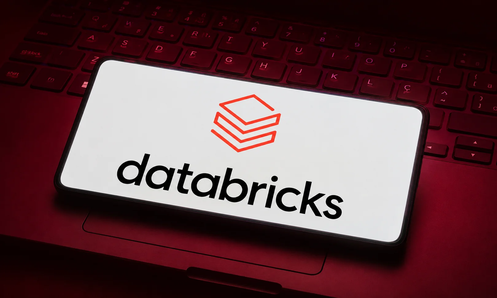 Databricks enterprise data platform logo and branding set against a dark red backdrop
