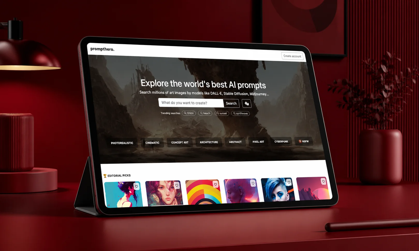 A screen displaying PromptHero image generation tools on a red-themed desk
