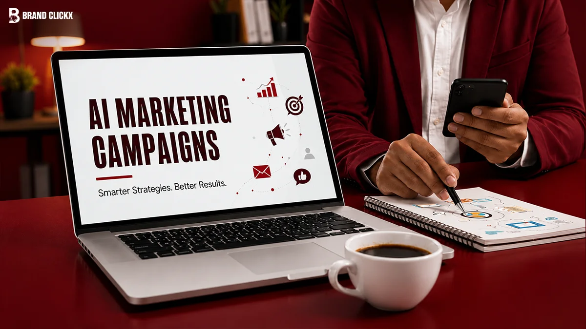 AI Marketing Campaigns That Went Viral The Ones That Actually Broke Through A laptop showing AI marketing campaign analytics on a dark red tabletop