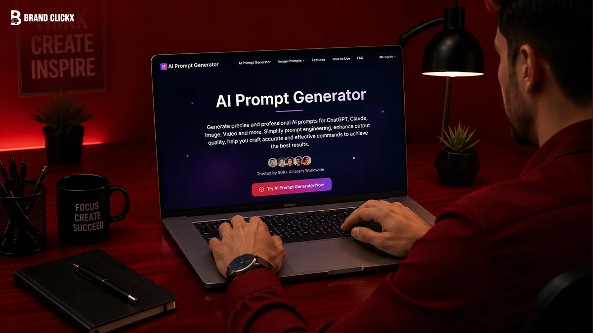 A person typing on a laptop running an AI prompt generator in a red-lit room