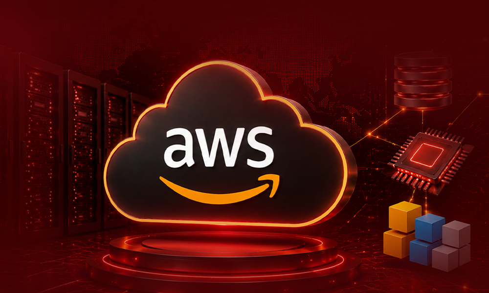 AWS cloud computing logo with server and technology icons