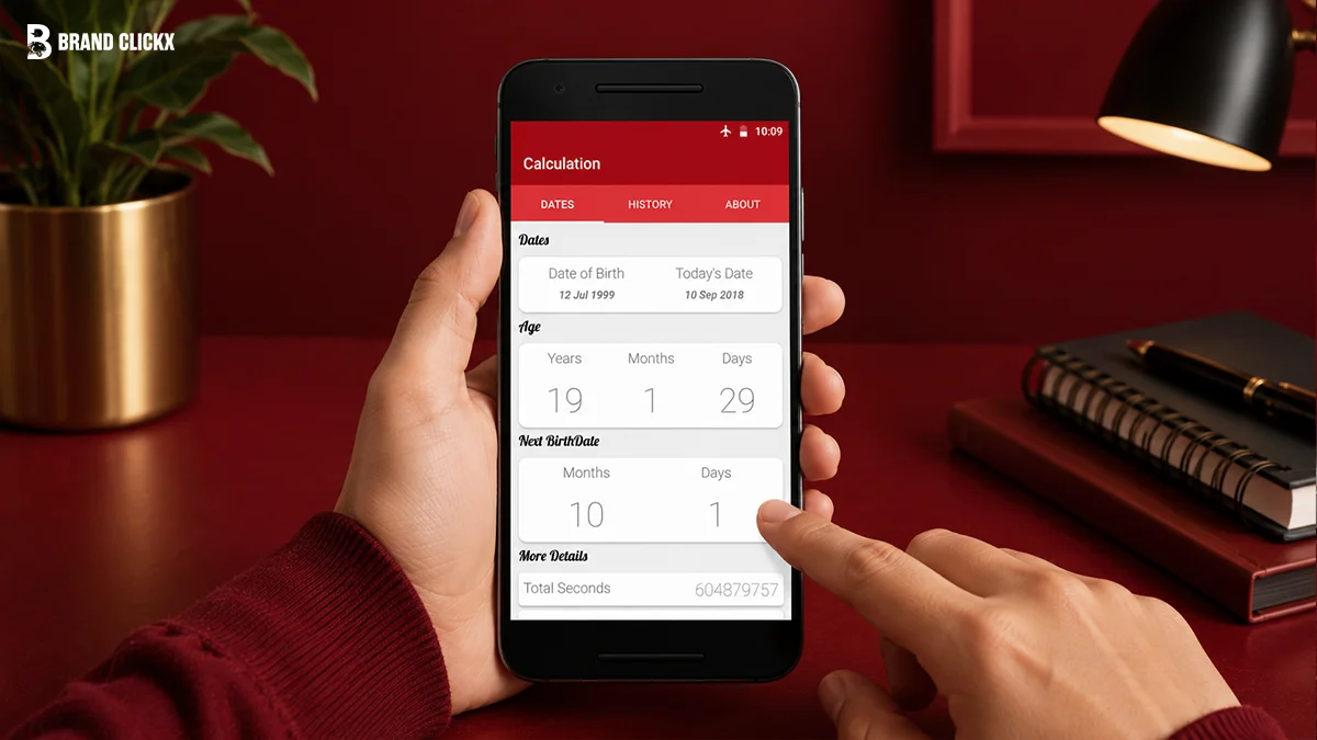 A smartphone displaying an age calculation tool held over a dark red desk