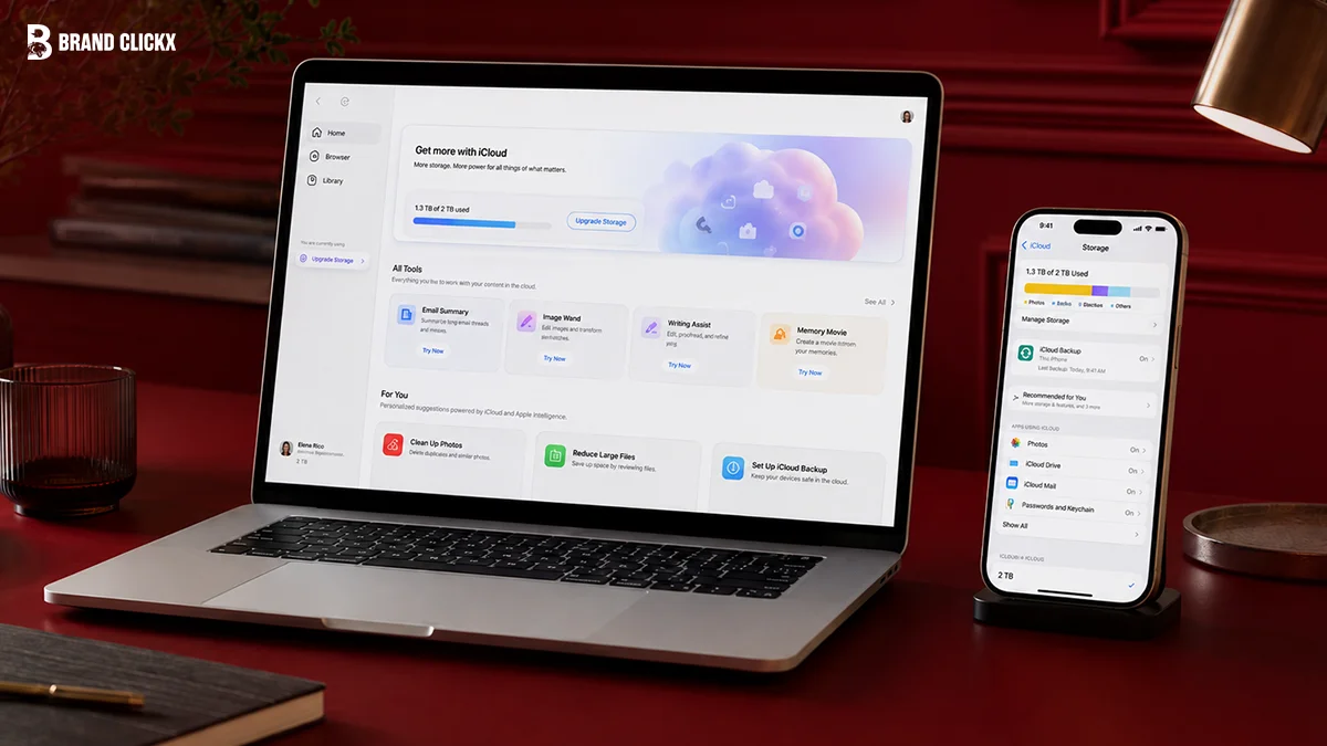 Apple Wont Sell You an AI Subscription It Will Sell You More iCloud A laptop and smartphone displaying iCloud storage settings on a dark red desk