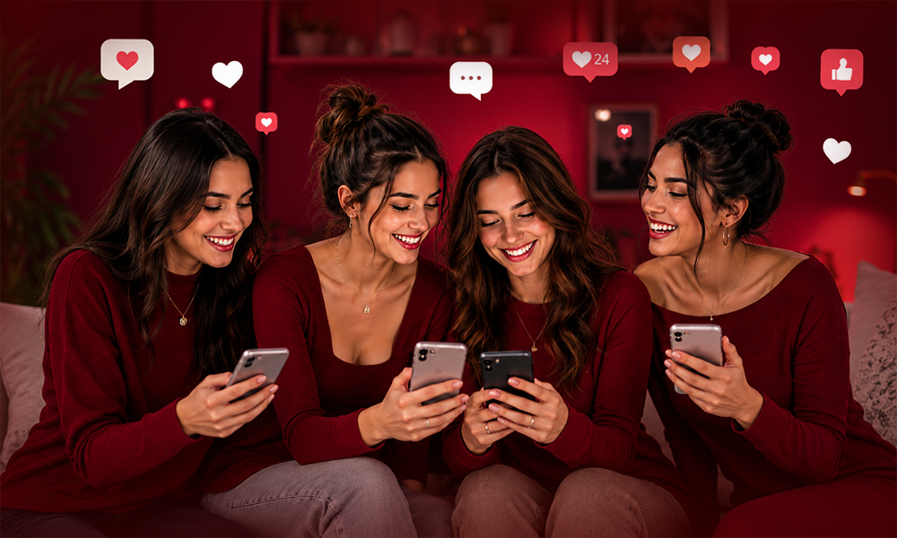 Four women in red sweaters using smartphones with social media icons