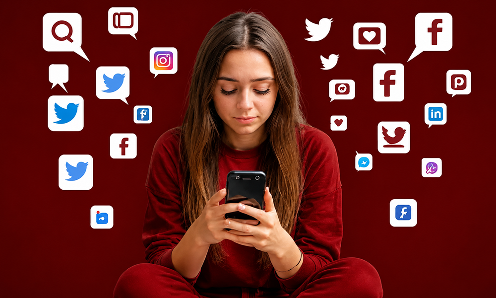 Frustrated woman blocking social media notifications web network