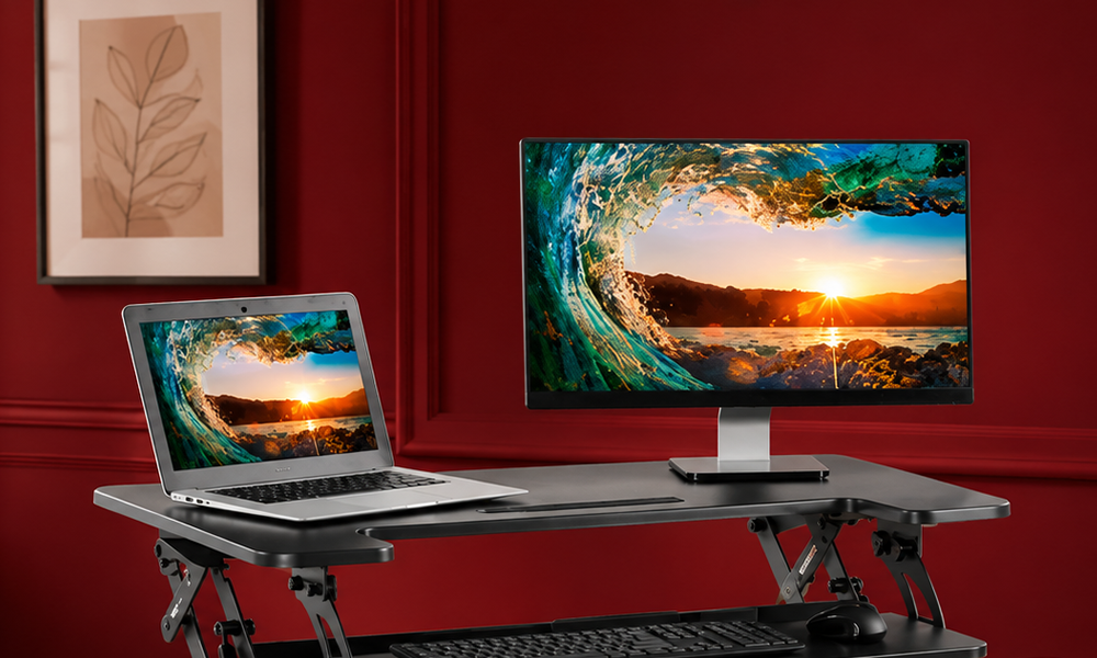 Standing desk converter with laptop and computer monitor
