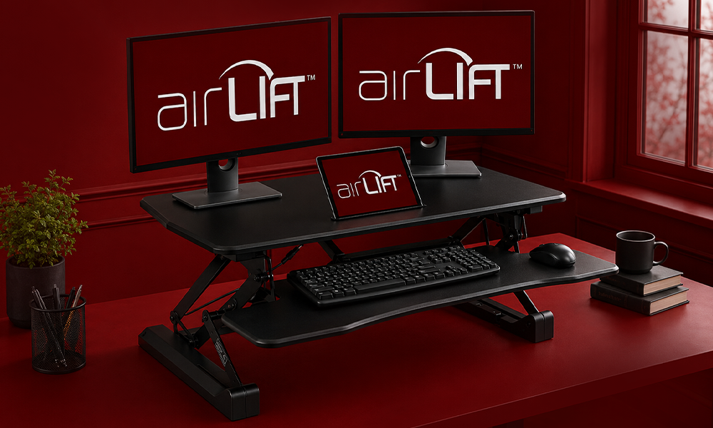 airLIFT standing desk converter with monitors and tablet
