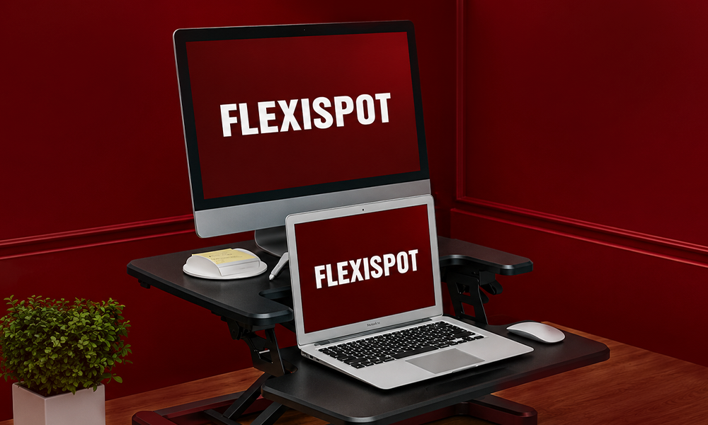 FlexiSpot branded computer monitor and laptop on a desk
