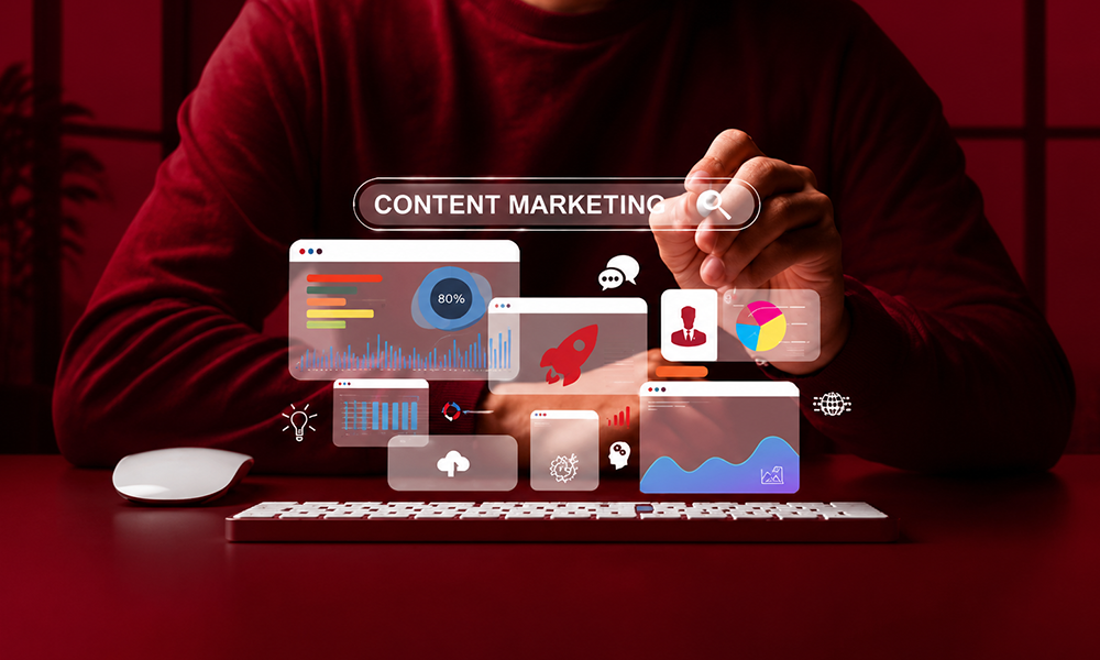 Digital workspace showing SaaS content writing analytics by Brand ClickX.