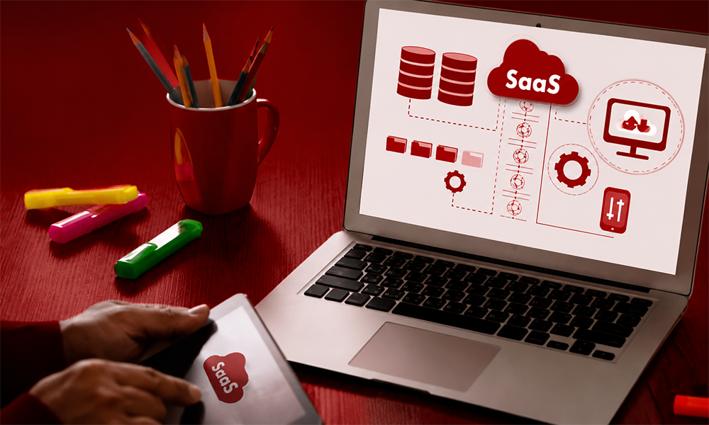 Laptop displaying a SaaS cloud computing infrastructure diagram