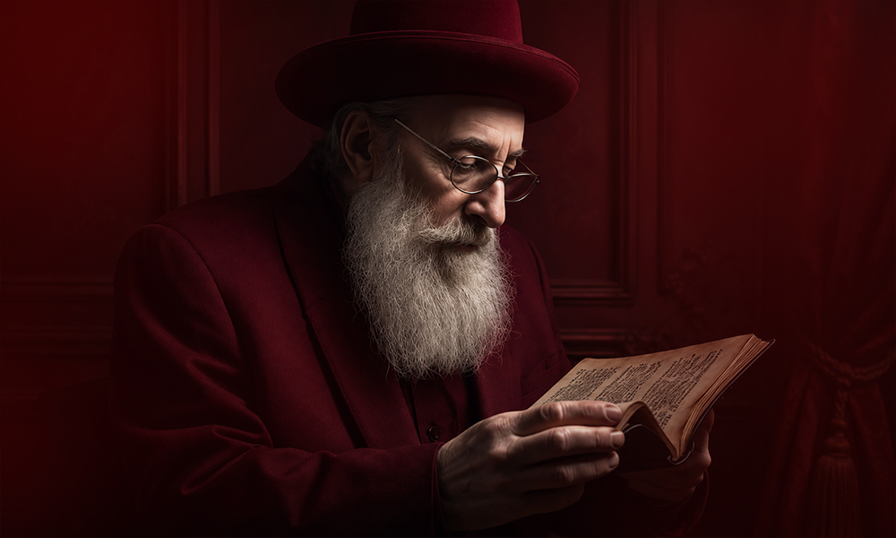 | 150+ Jewish Last Names and Their Origins Explained A bearded man reading a book, captured in a moody, deep red setting.