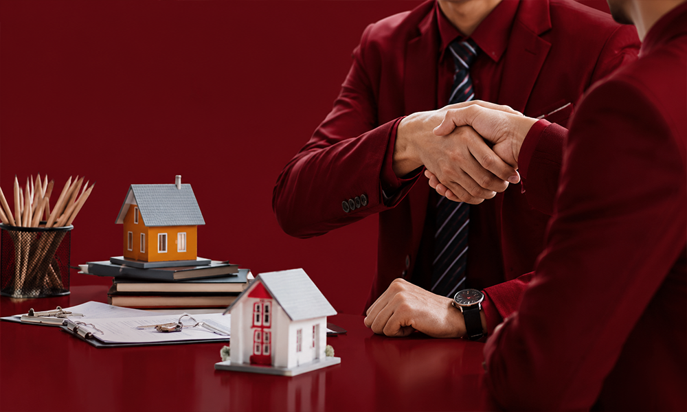 Real estate agents reviewing properties outdoors with deep red aesthetic by Brand ClickX.