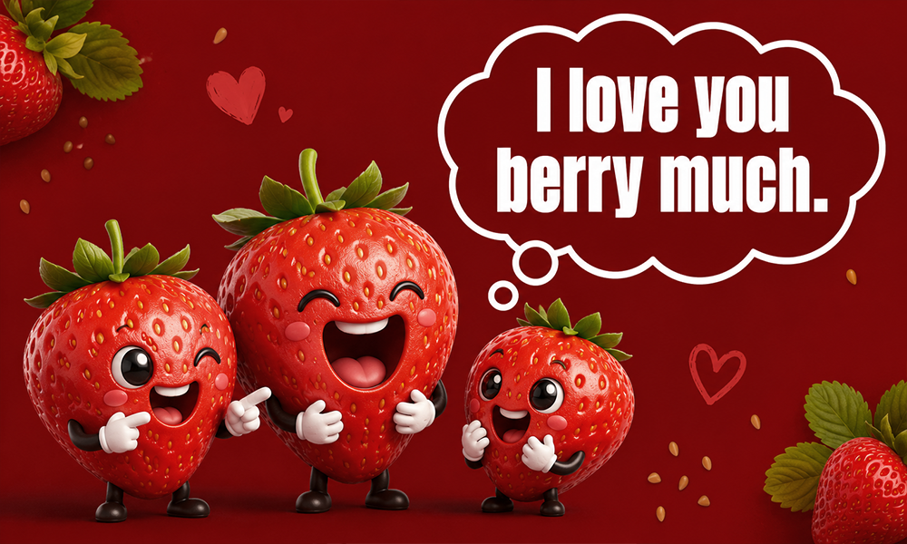 | 275+ Strawberry Puns That Are Berry Funny & Sweet Cartoon strawberries with the romantic pun "I love you berry much."