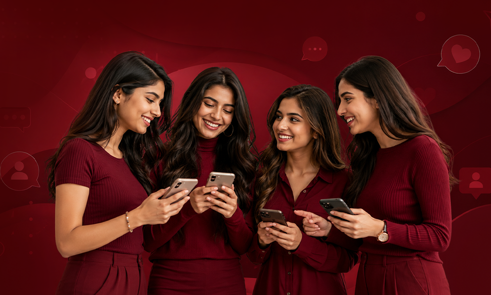 Four women in red using smartphones with social media icons