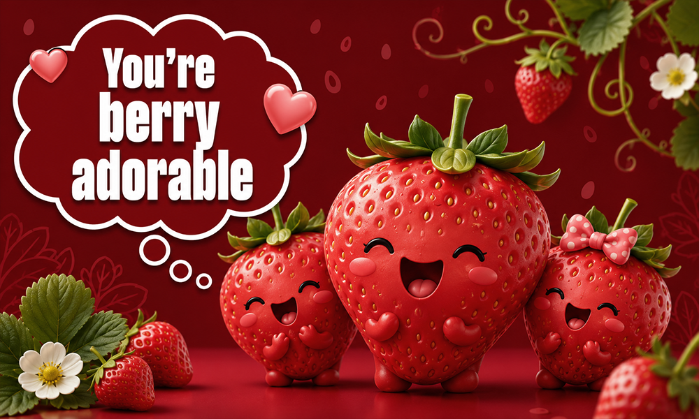 | 275+ Strawberry Puns That Are Berry Funny & Sweet Cute strawberry characters with the greeting "You're berry sweet."