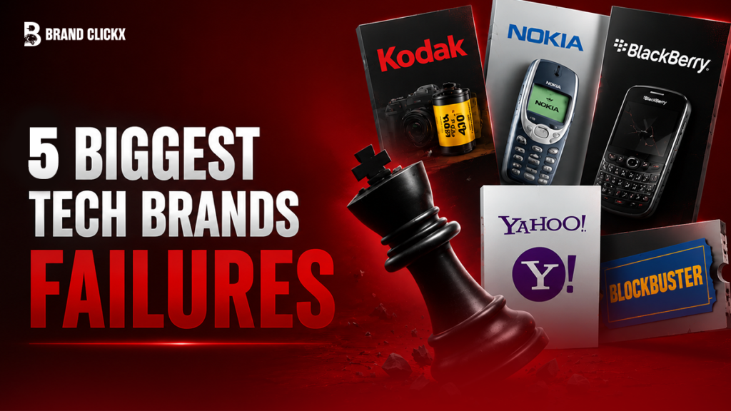 Artboard 31 Infographic of 5 major tech brand failures including Kodak, Nokia, and Yahoo.