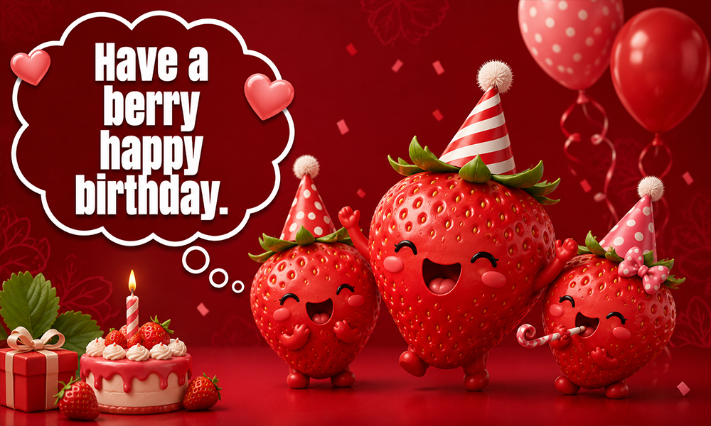 | 275+ Strawberry Puns That Are Berry Funny & Sweet Festive strawberries celebrating with the text "Have a berry happy birthday."