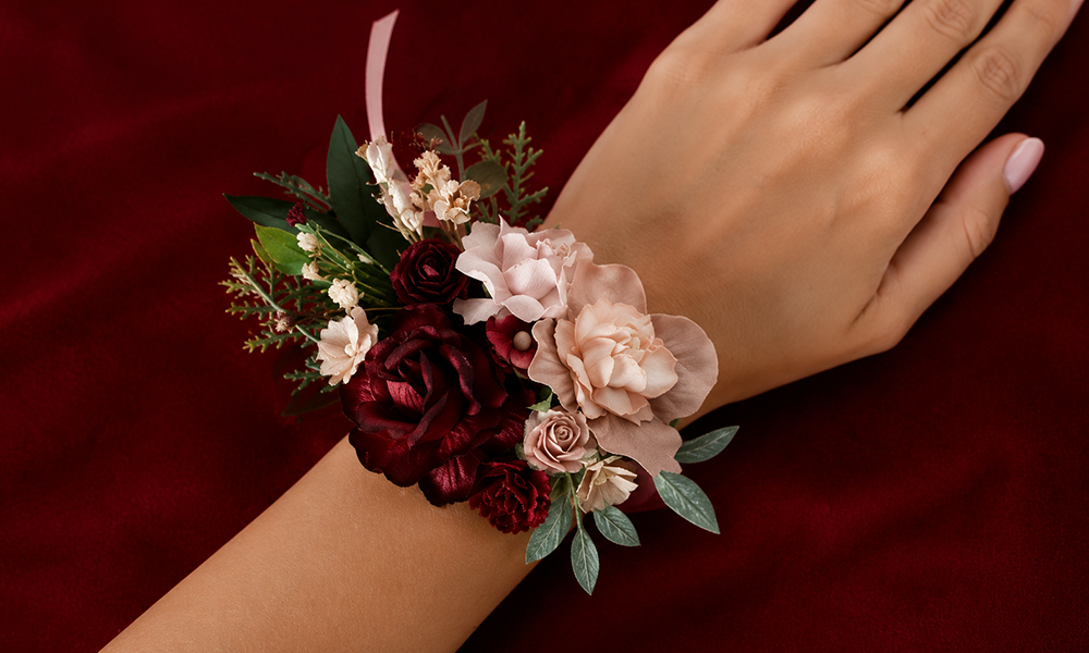 A delicate wedding floral wrist corsage by Brand ClickX.