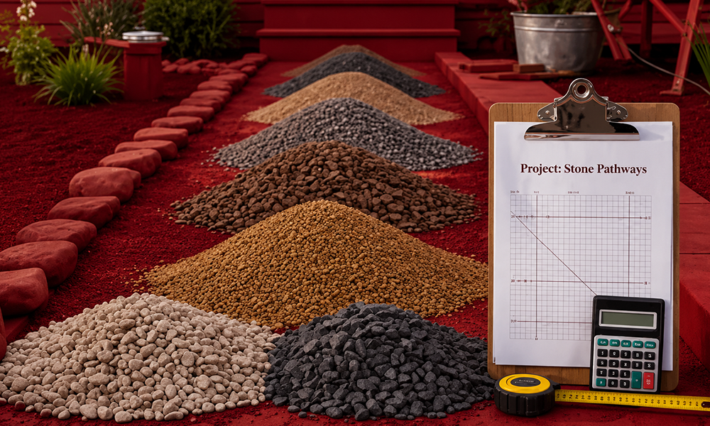 Gravel aggregate samples and calculator display by Brand ClickX.