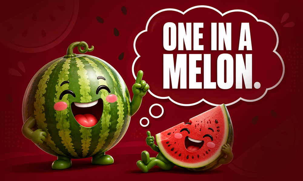 | 250+ Watermelon Puns That Are One in a Melon A cute watermelon character with the pun "One in a melon."