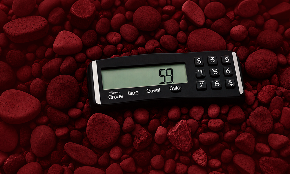 Calculator resting on red decorative gravel by Brand ClickX.
