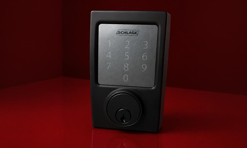 | 20 Best Smart Locks for Every Budget A sleek black smart lock with touchscreen keypad standing upright on a dark red surface