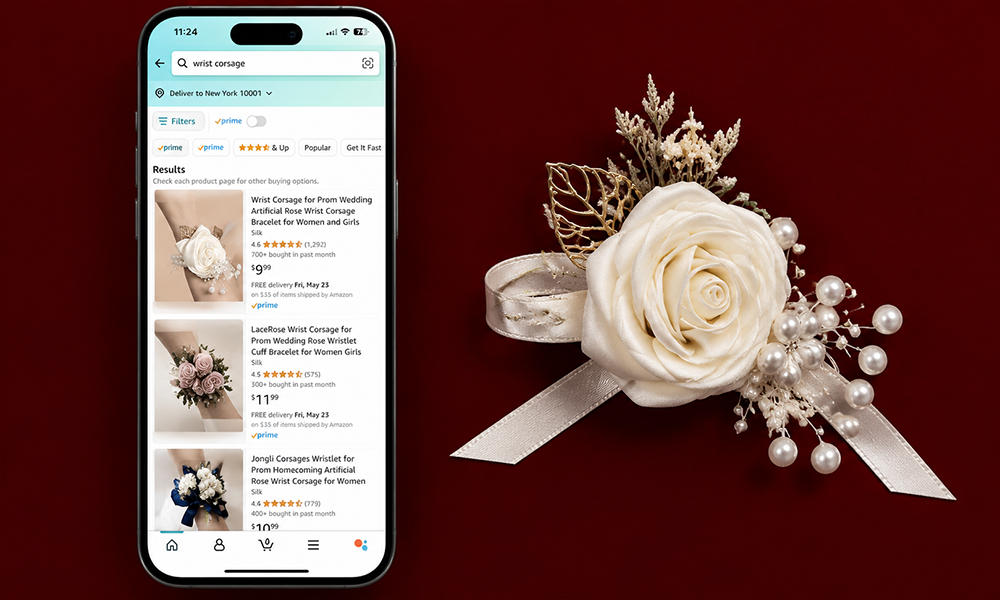 | Wrist Corsage Near Me: How to Find, Order and Choose the Perfect One in 2026 A smartphone showing a floral app interface next to a corsage.