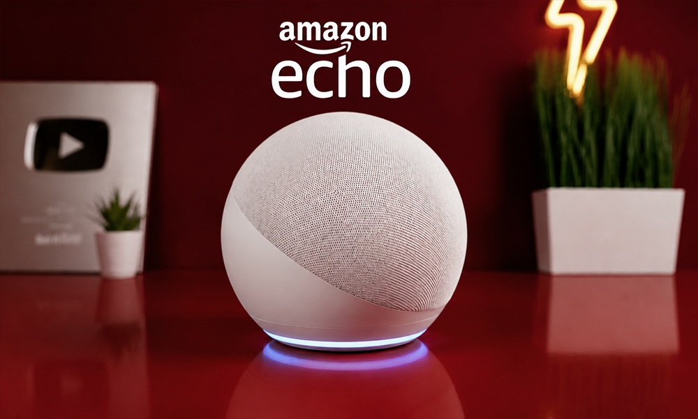 An Amazon Echo smart speaker glowing with a blue voice recognition ring on a red surface