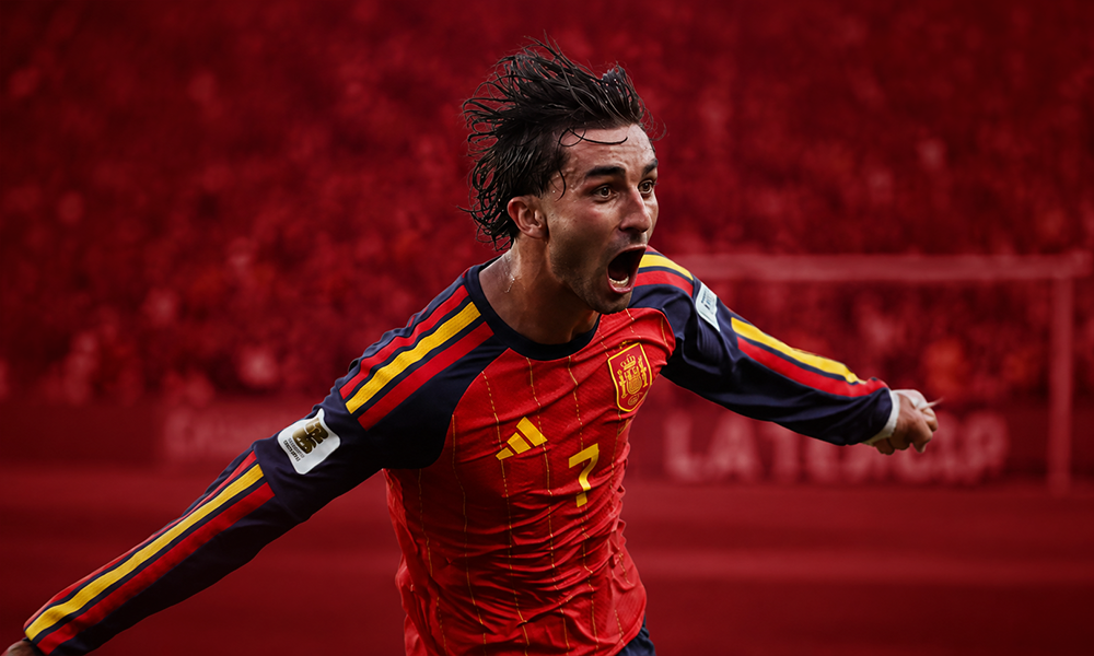 Professional football player celebrating on red background by Brand ClickX.