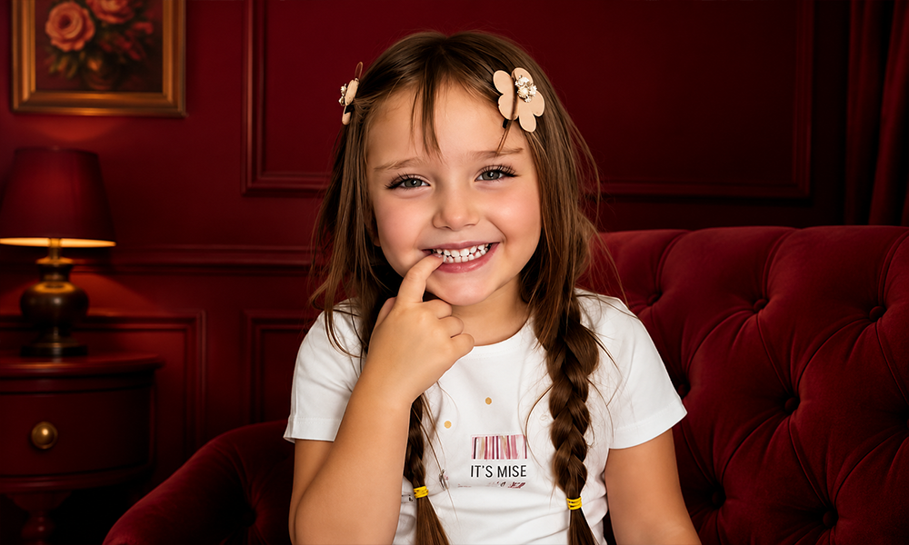 A young smiling girl with pigtails posing in front of a red-toned interior background.
