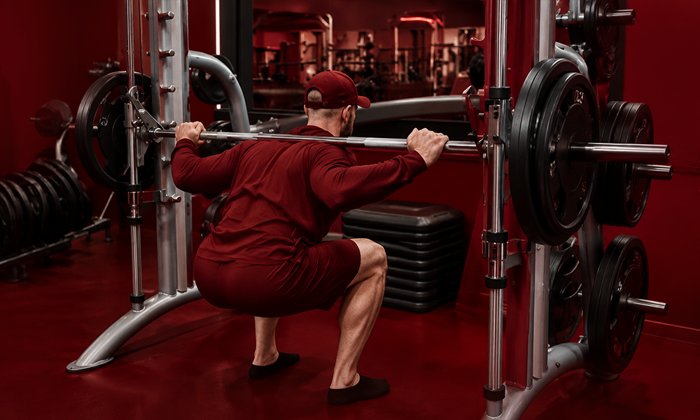 Athlete executing a deep barbell squat in a rack setup by Brand ClickX.