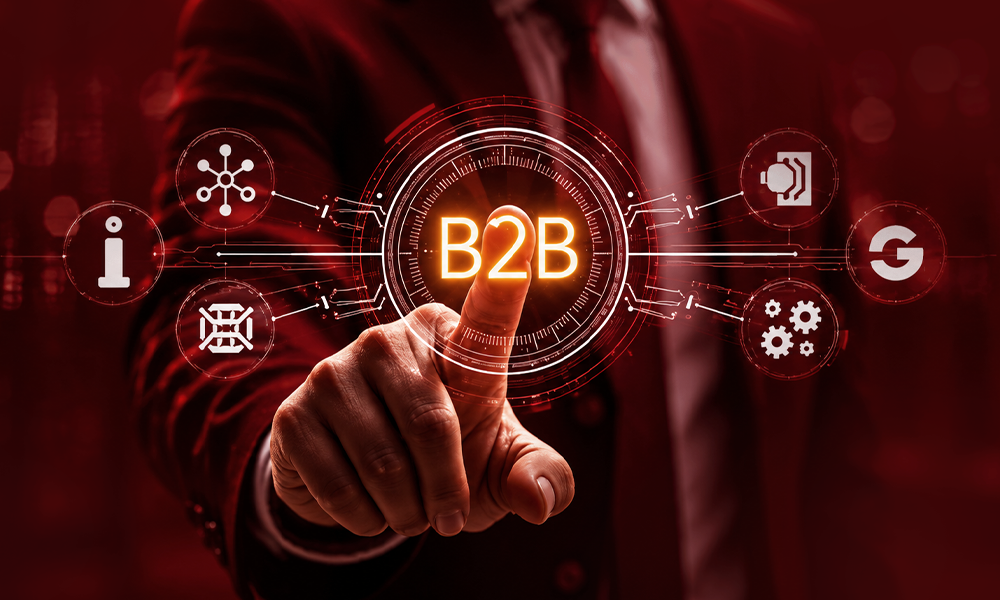 Businessman touching a digital B2B marketing interface with icons.