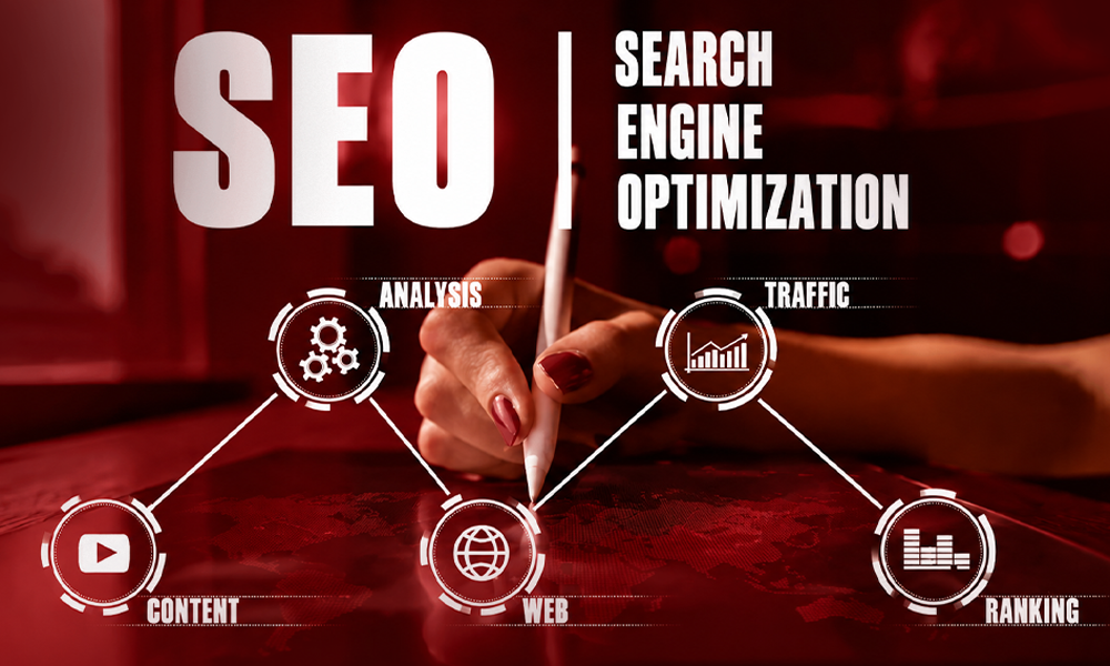 Hand using a stylus on an SEO strategy interface with various icons.
