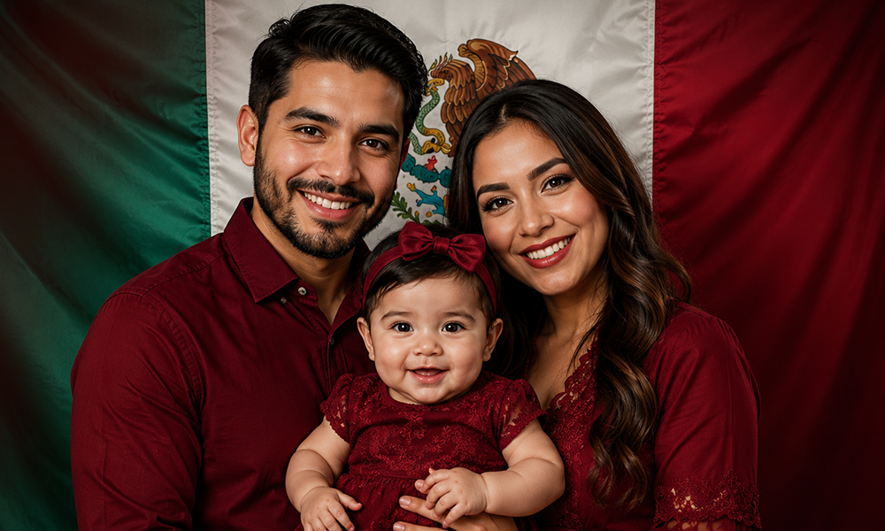 A Mexican family posing together in front of a Mexican flag.