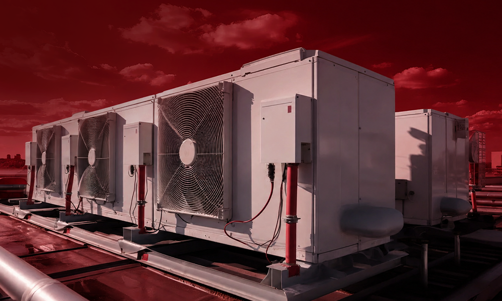 A row of outdoor HVAC units installed against a building exterior.
