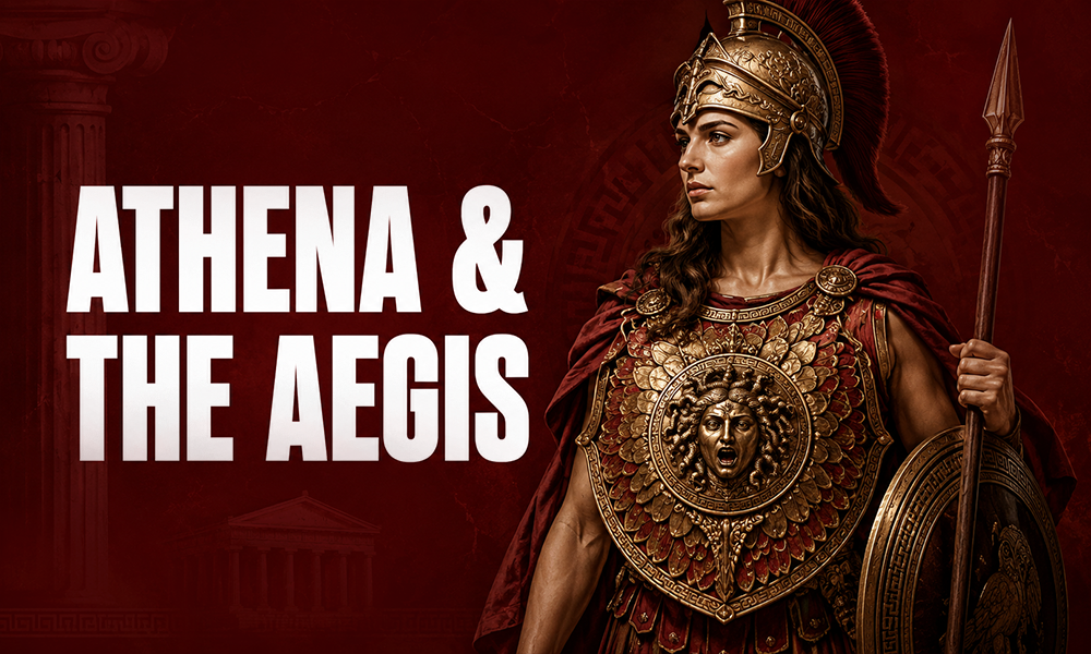 A thematic graphic titled "Athena & The Aegis" depicting the mythological figure.