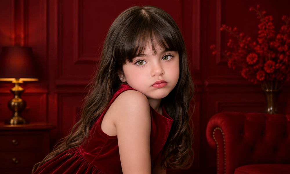A young girl with dark hair wearing a red dress in a warmly lit, classic room setting.