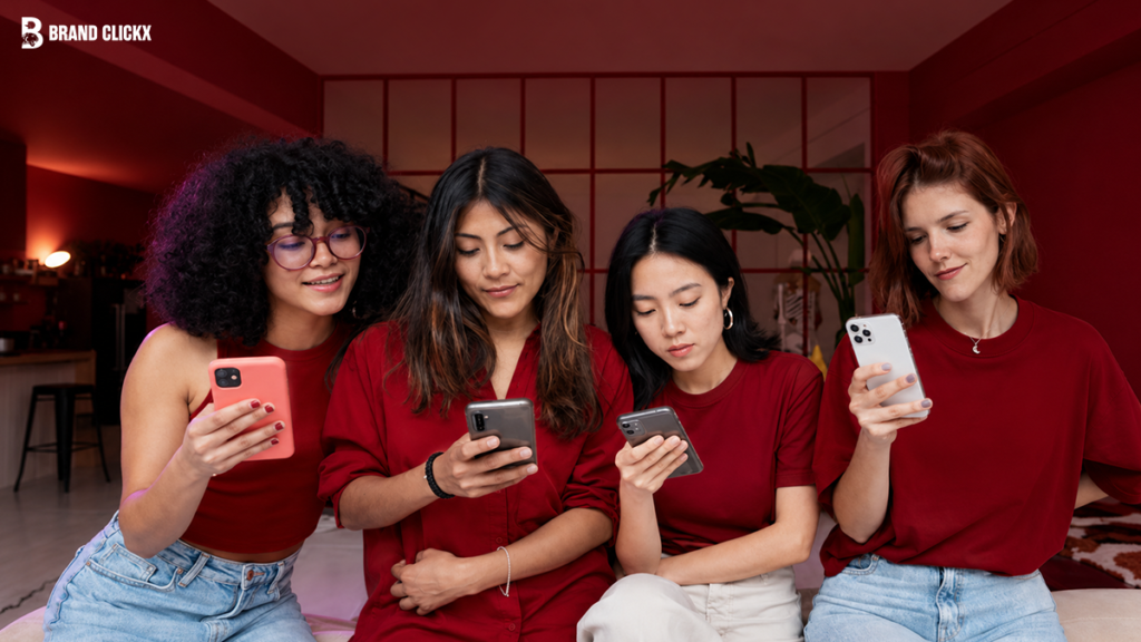 Four diverse women in red shirts looking at their smartphones