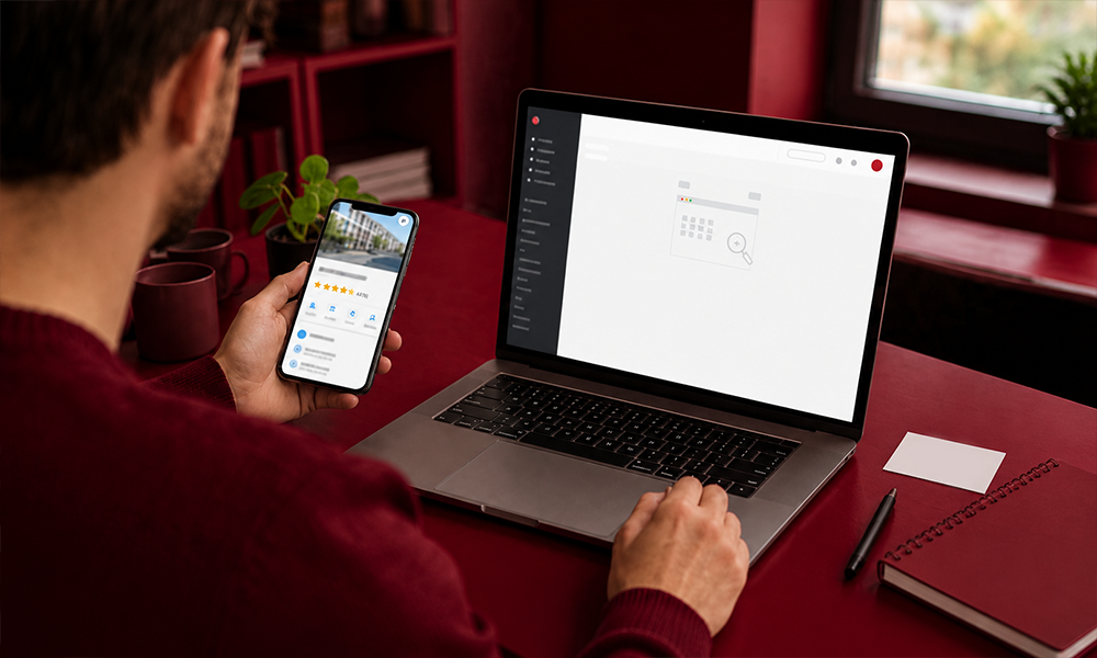 Person using a mobile phone and laptop simultaneously for SEO tasks.