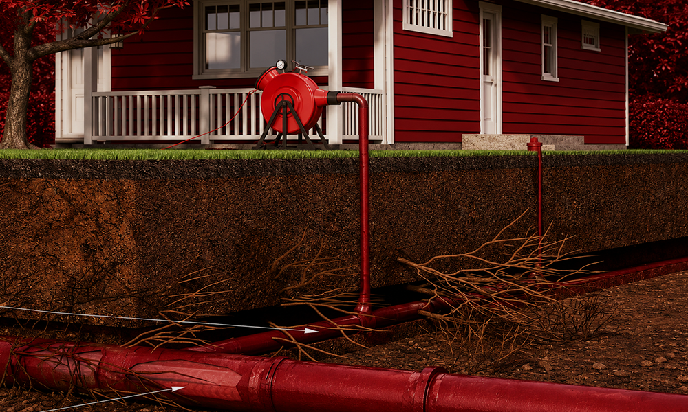 An underground pipe installation in a trench outside a building.