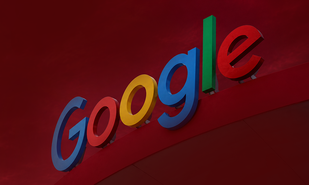 The Google logo displayed on a deep red thematic background.
