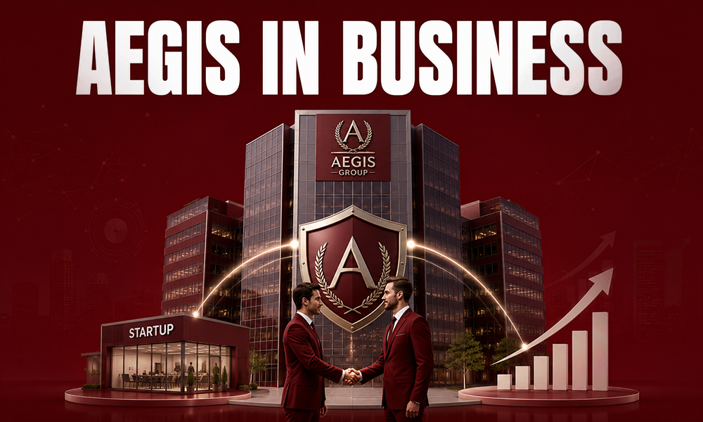 A visual representation titled "Aegis of Business" featuring architectural elements.